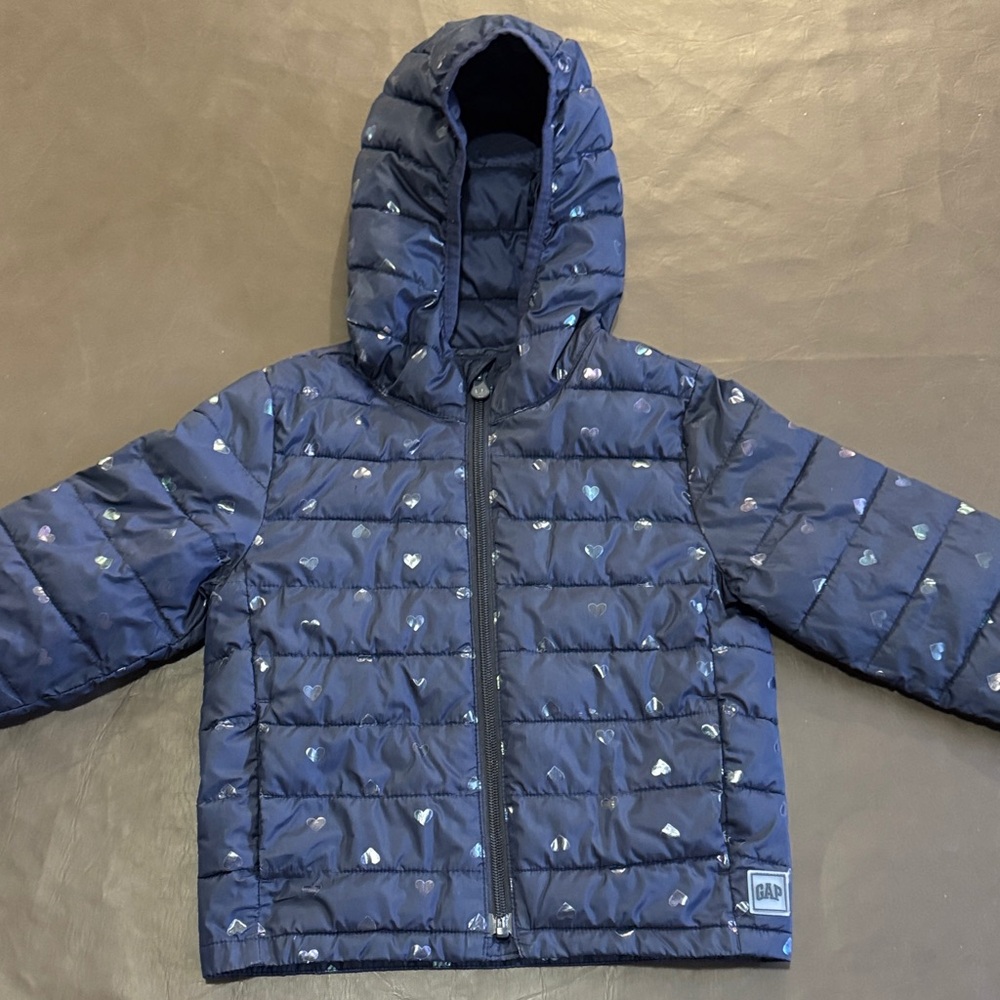 GAP Navy Hooded Puffer with Heart Motif